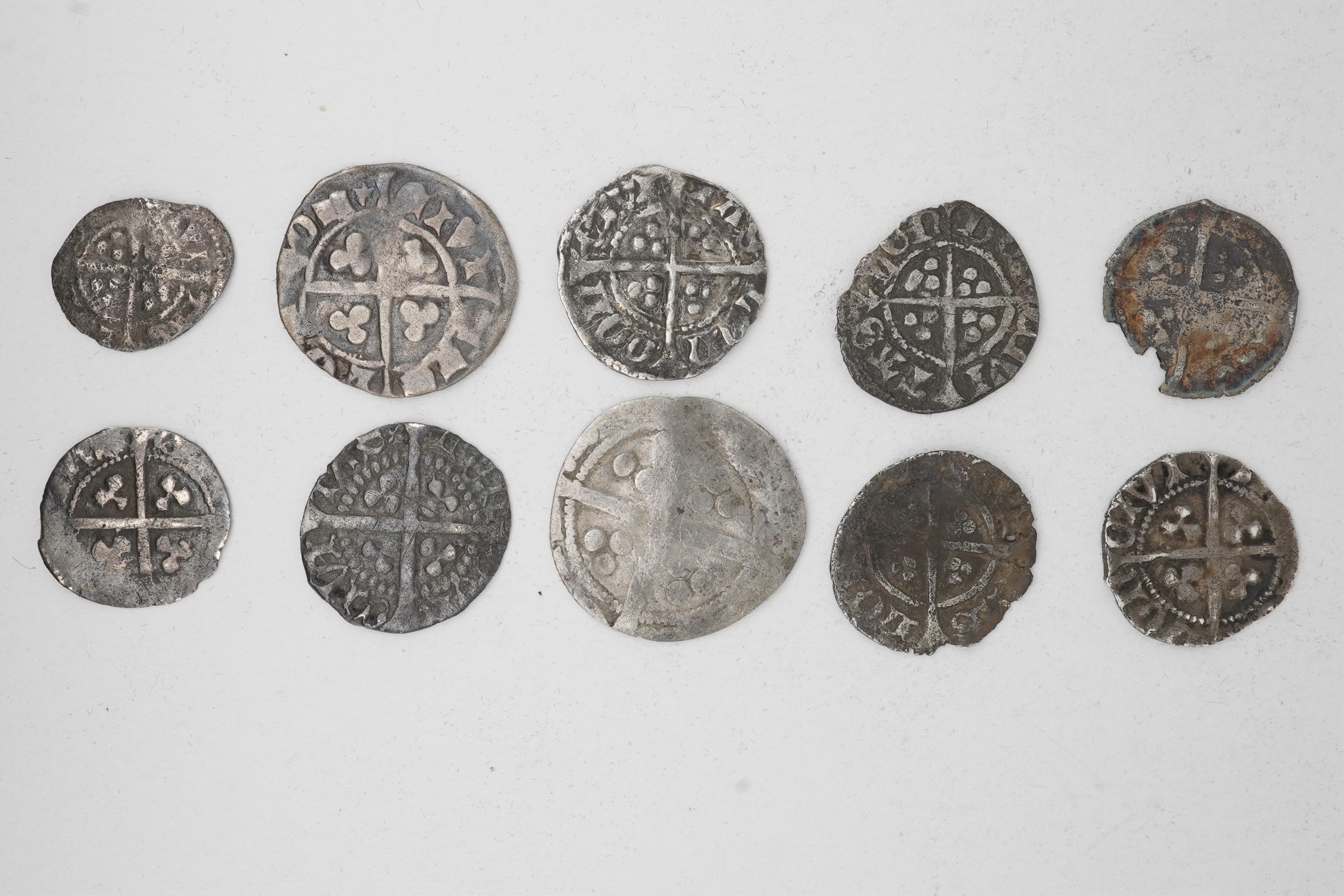 Ten British hammered coins, Plantagenet kings and Houses of Lancaster and York, Edward II (1307-27), Silver farthing, 0.28g, Edward III (1327-77), silver halfpenny, 0.6g, Richard II (1377-99), two silver halfpennies, 0.3